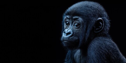 Obraz premium Photo of a baby gorilla isolated against a black background, emphasising the baby gorilla's majestic features. Wildlife and conservation concept, space for copy.
