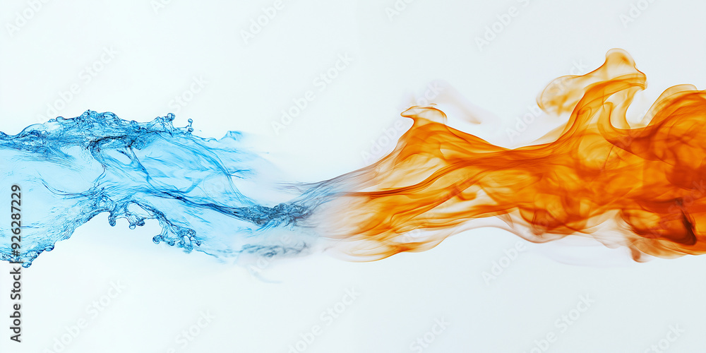 Wall mural Fire and water flowing towards each other in a fluid motion, representing harmony and conflict between natural elements, with ample copy space.