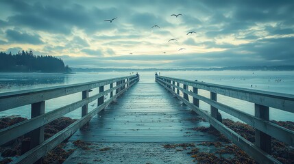 Obraz premium quiet fishing pier extending into calm waters, with fishermen casting lines and seagulls flying overhead.