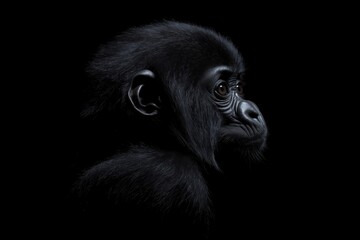 Fototapeta premium Photo of a baby gorilla isolated against a black background, emphasising the baby gorilla's majestic features. Wildlife and conservation concept, space for copy.