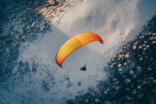 Paragliding on the snow forest with tiny bush, Aerial view paraglider with parachute on the top of snow mountain.