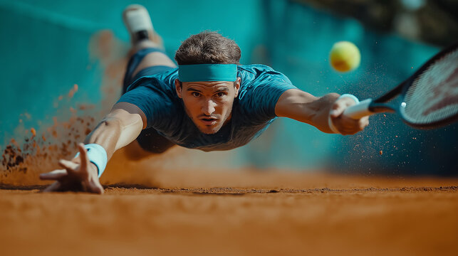Tennis player diving for a ball on a clay court, showcasing effort and dedication in an intense moment of the match.