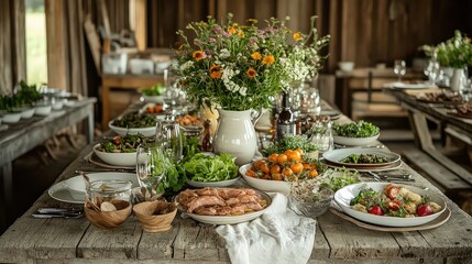 rustic farm-to-table dinner set up in a barn with fresh, locally sourced ingredients