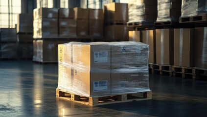 Stacked boxes on pallet in warehouse.