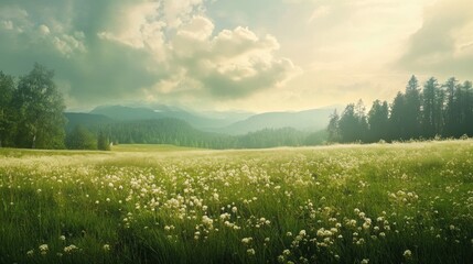 Lush Green Meadow with White Flowers Under a Cloudy Sky and Mountains in the Distance