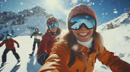 Snowboarders smiling and enjoying a day on the snowy slopes, highlighting fun and camaraderie in winter sports.
