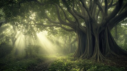 Naklejka premium Sunbeams Piercing Through a Misty Jungle Canopy