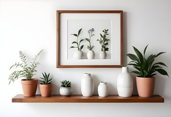 Fototapeta premium A wooden frame on a white wall with a shelf below it, decorated with various ceramic vases and plants.