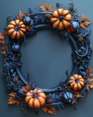 Halloween pumpkin frame. Space for text. Halloween, magic theme, vintage  texture. Dark wood background.