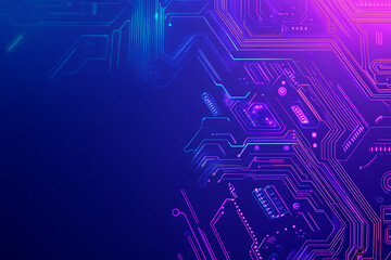 Futuristic vector illustration of an abstract circuit board with neon blue and purple gradients, showcasing intricate digital patterns and tech elements