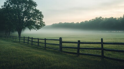 Fototapeta premium field blanketed in morning fog, with only the tops of trees and a fence visible through the mist