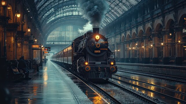 Ahistoric train station with vintage trains, ornate architecture, and passengers waiting on the platform
