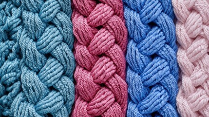 A close up of four different colored yarns, with the blue one being the darkest