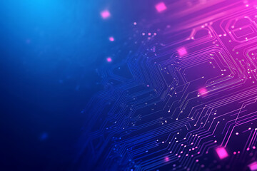 Futuristic vector illustration of an abstract circuit board with neon blue and purple gradients, showcasing intricate digital patterns and tech elements