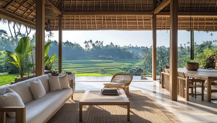 Modern patio with rice paddy view.