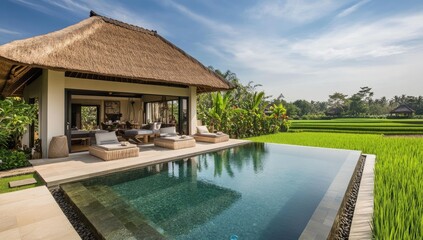 Modern tropical villa with private pool overlooking rice paddies.