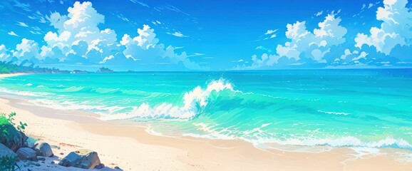 Pristine Beach with Turquoise Waters and Clear Sky. Anime art style