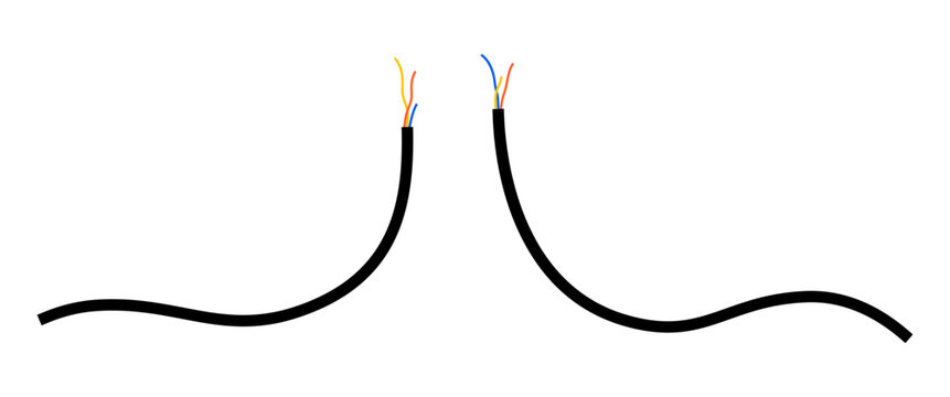 Hand drawn cute cartoon illustration of broken electric wire. Flat vector disconnected damaged energy cord doodle style. Short circuit. System network error 404 icon. Not found mistake. Isolated.