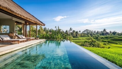 Poolside luxury with rice paddy view.