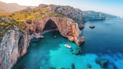Sailboat Anchored in a Secluded Cove Surrounded by Cliffs