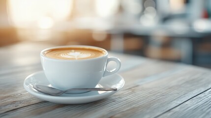 A warm cup of latte coffee with beautiful froth art resting on a wooden table, set in a cozy and inviting ambiance, perfect for a relaxing moment.