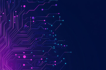 Futuristic vector illustration of an abstract circuit board with neon blue and purple gradients, showcasing intricate digital patterns and tech elements