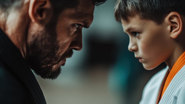 A child and an adult in martial arts uniforms stand face to face, engaged in a traditional bowing ceremony, exemplifying respect and discipline in martial arts practice.