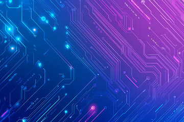 Futuristic vector illustration of an abstract circuit board with neon blue and purple gradients, showcasing intricate digital patterns and tech elements