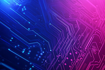 Futuristic vector illustration of an abstract circuit board with neon blue and purple gradients, showcasing intricate digital patterns and tech elements