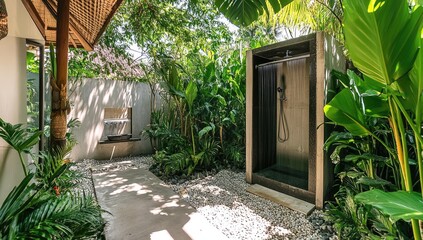 Outdoor shower surrounded by tropical plants.