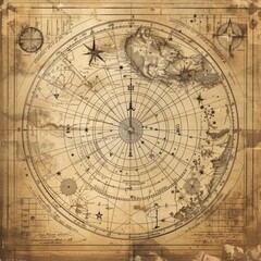 An antique, sepia-toned map displaying detailed geographical and nautical information with ornate compass roses and sea routes. © Elena L