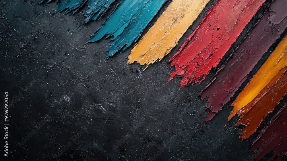 Poster streaks of colorful paint applied with texture on a dark backdrop, illustrating dynamic movement and