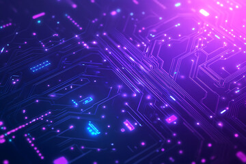 Futuristic vector illustration of an abstract circuit board with neon blue and purple gradients, showcasing intricate digital patterns and tech elements