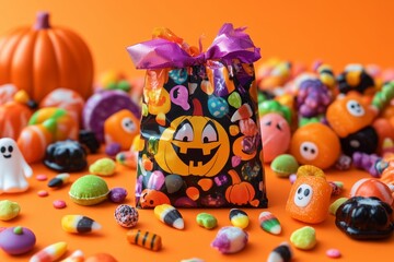 Fototapeta premium A fun and colorful Halloween candy bag with pumpkins, ghosts, goblins, and candies decor for trick-or-treat on an orange background