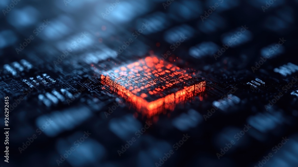 Poster a close-up view of a glowing red microchip embedded on a complex electronic circuit board, illustrat