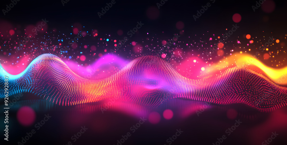 Poster abstract background with neon glowing waves and bokeh lights.