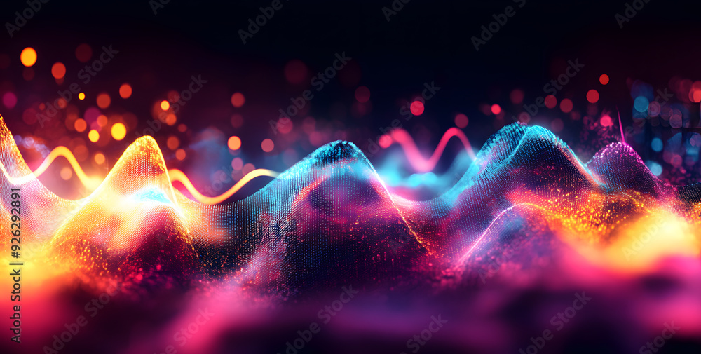 Poster abstract background with neon glowing waves and bokeh lights.