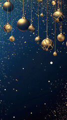 Vertical elegant christmas ornaments in gold and black hanging against a dark background with glittering particles, creating a luxurious festive atmosphere