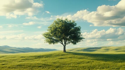 Obraz premium Single Tree on a Grassy Hill with Rolling Hills and a Blue Sky