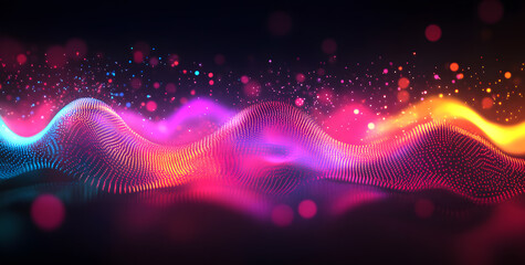 Abstract background with neon glowing waves and bokeh lights. 