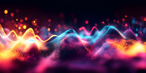 Abstract background with neon glowing waves and bokeh lights. 