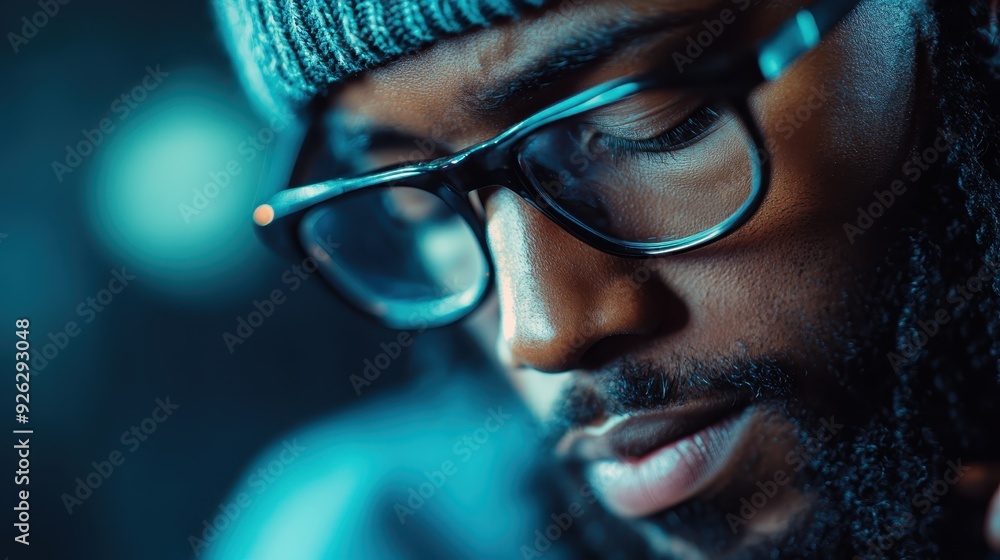 Poster a photo featuring a blurred object captured with a blue and teal color scheme, highlighting the intr