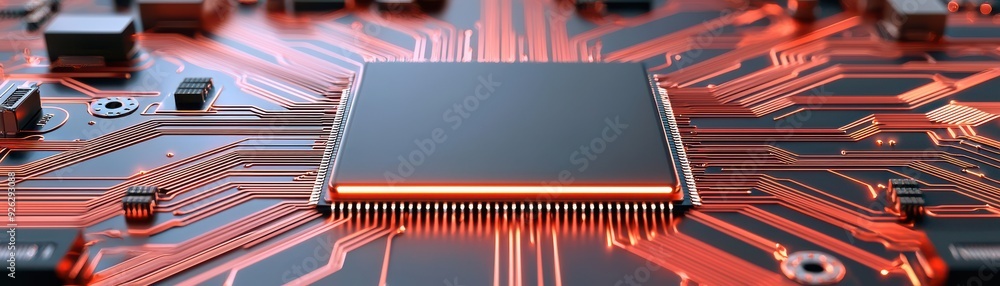 Poster modern microchip on a circuit board showcasing intricate details and vibrant colors.