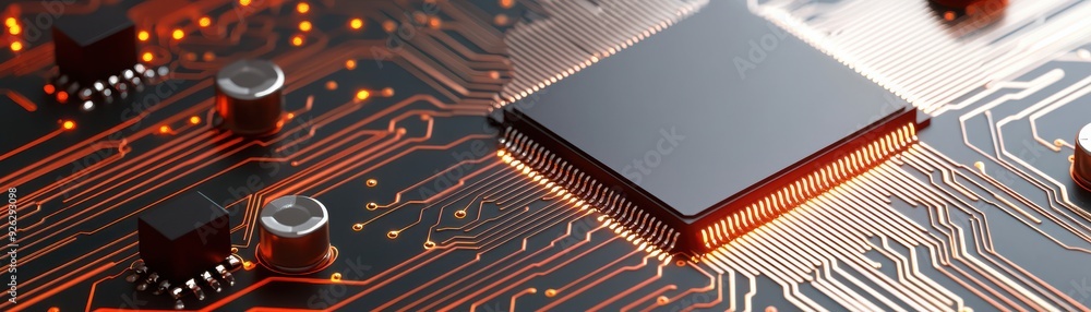 Poster modern microchip on a circuit board showcasing intricate details and advanced technology.