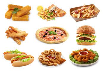 Collage with different tasty fast food on white background