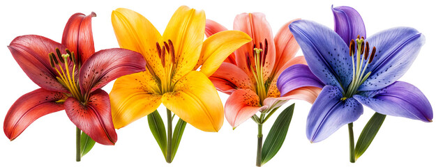 Obraz premium Colorful arrangement of red, yellow, orange, and purple lily flowers with green leaves, isolated on transparent background for floral designs