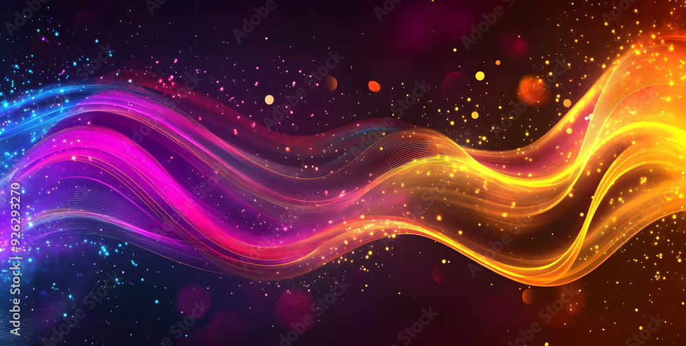 Poster abstract background with neon glowing waves and bokeh lights.