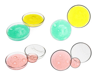 Set of Petri dishes with liquid samples on white background, top and side views