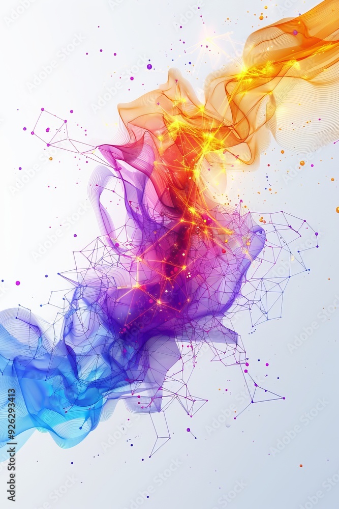 Poster dynamic abstract background vivid colors, flowing smoke, waves, and an intricate network structure