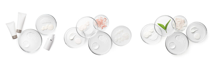 Petri dishes with cosmetic products and plant isolated on white, top view. Set